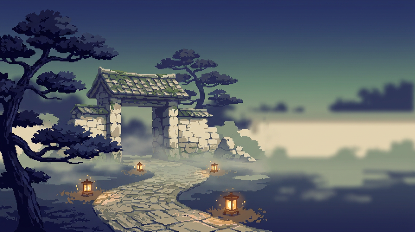 A pixel art garden path leading through a lantern lit gate at dusk
