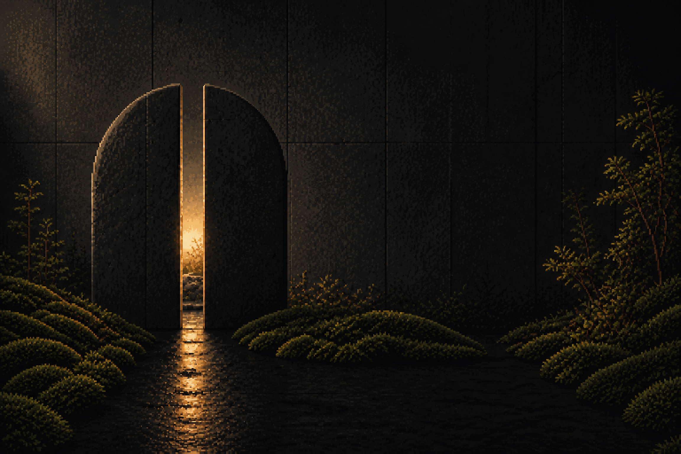 A quiet stone gate opening onto warm light in a dark garden
